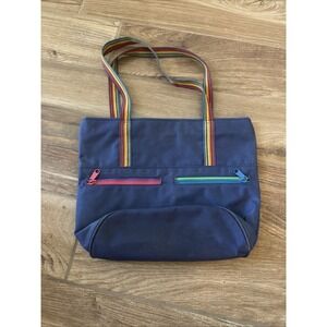 Vintage‎ 70s 80s Blue Nylon Tote Bag Rainbow Gym Handles Sport Zipper Retro